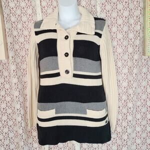 vintage 90s Lacoste cream grey black heavy knit pullover collared sweater med